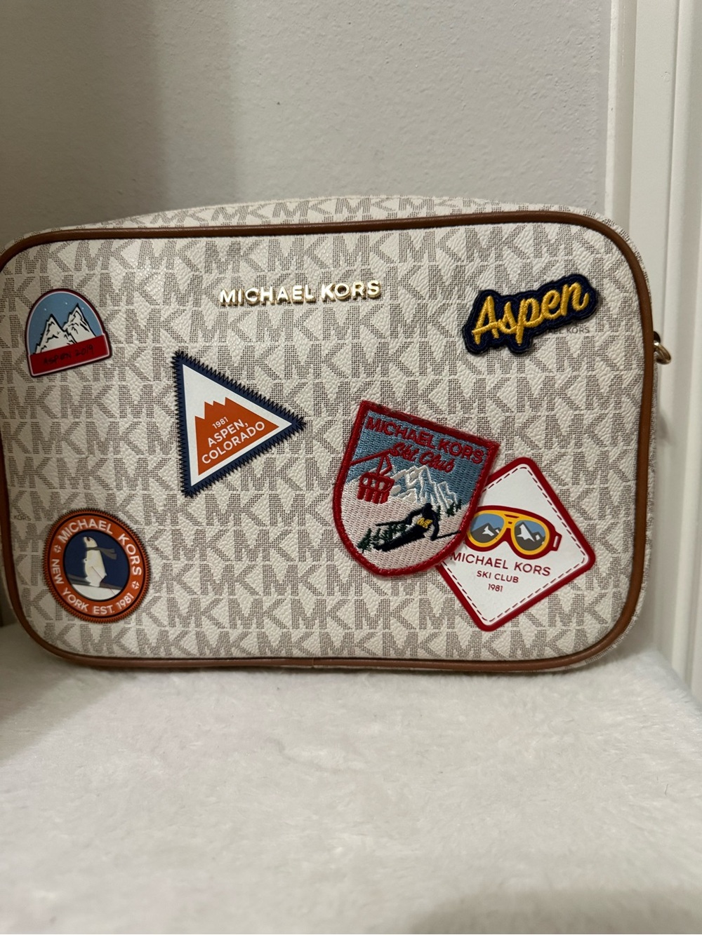 Michael Kors Beige Monogram Crossbody Bag with Aspen Patches